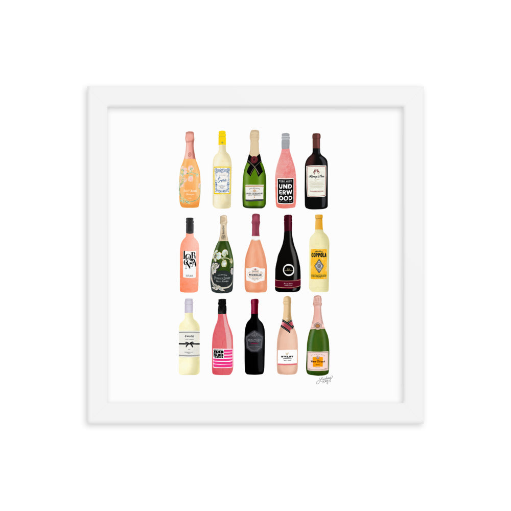 Ilustración de botellas de vino y champán - Lámina mate enmarcada